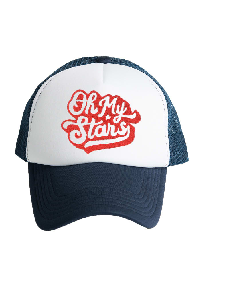 Front of a size One Size Oh My Stars Foam Tucker Hat in White/Navy by Simply Sage Market. | dia_product_style_image_id:294601